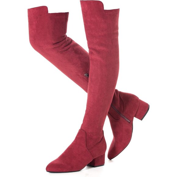 Women Red/2 Inch Heel Faux Suede Over The Knee Thigh High Low Block Heel Boot - Picture 1 of 7